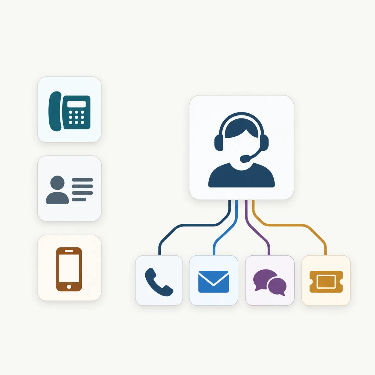 Különálló eszközök (asztali telefon, névjegy, mobiltelefon) és egy ügyfélszolgálati rendszer, amely a telefont, az e-mailt, a chatet és az ügyeket egy helyen kezeli.